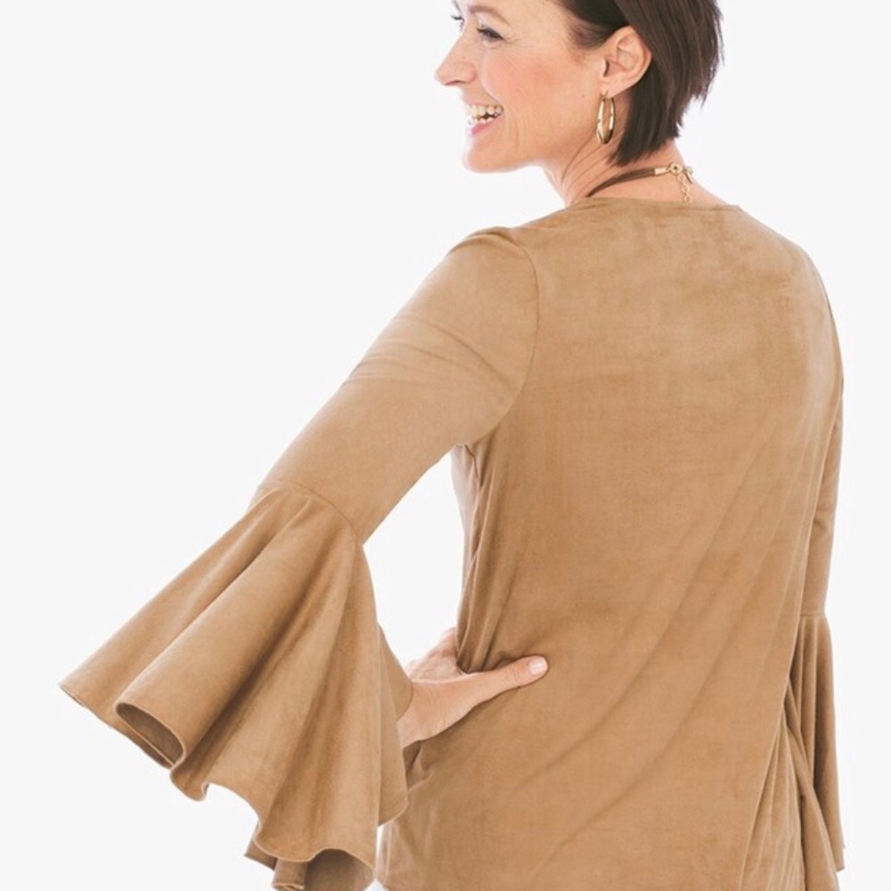 CHICO’S BURNT SUGAR FAUX SUEDE FLARE SLEEVE TOP CHICO’S SIZE 2 - Picture 6 of 10